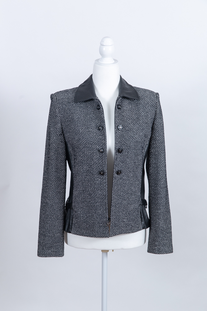 st john black textured leather collar blazer