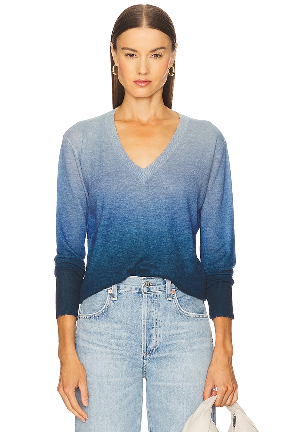 Ombre Print Distressed Edge V-neck Top in Undone Denim Combo Autumn Cashmere